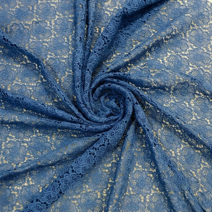 Navy Blue Rose Motif Chemical Lace Fabric