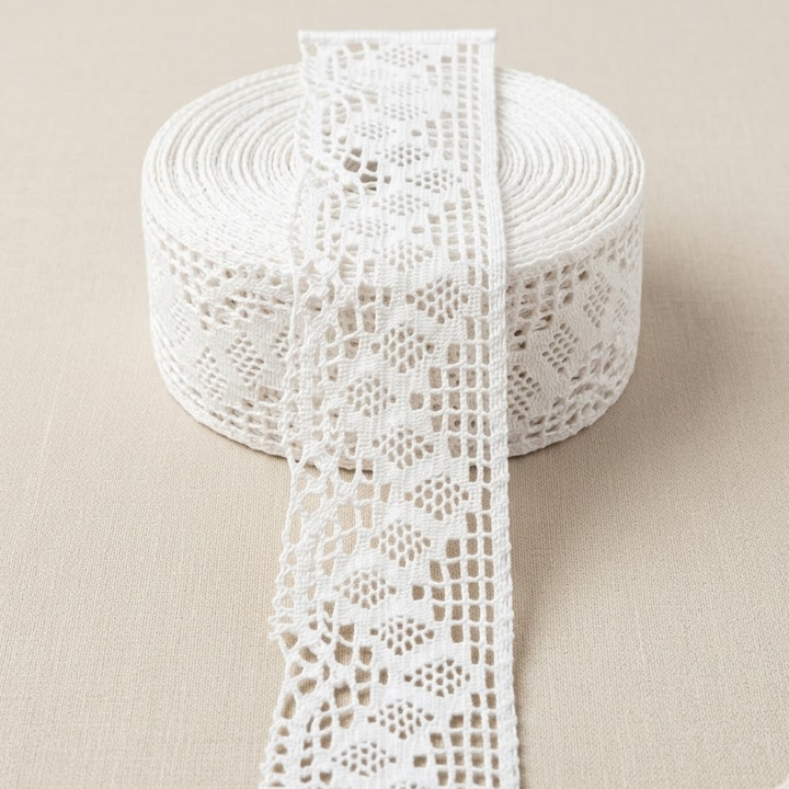 Off White Integrated Multi Pattern Cotton Crochet Lace Trim - 5 mtr