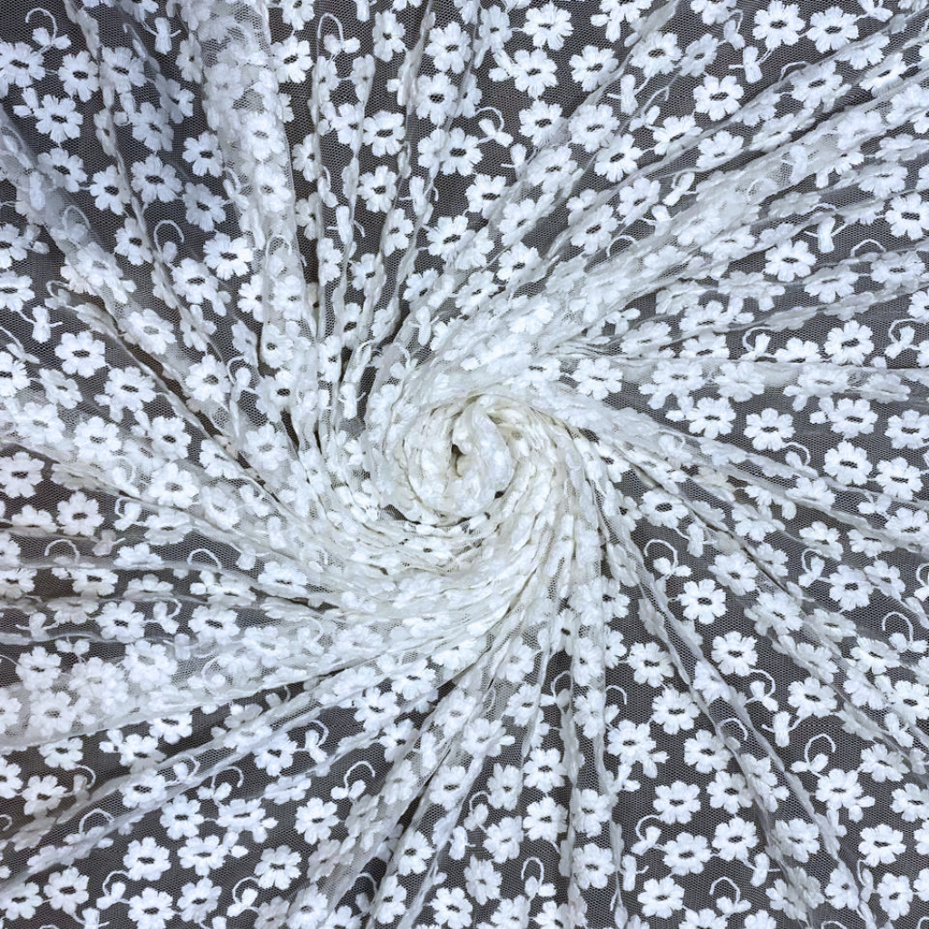 White Floral Mesh Embroidered Fabric