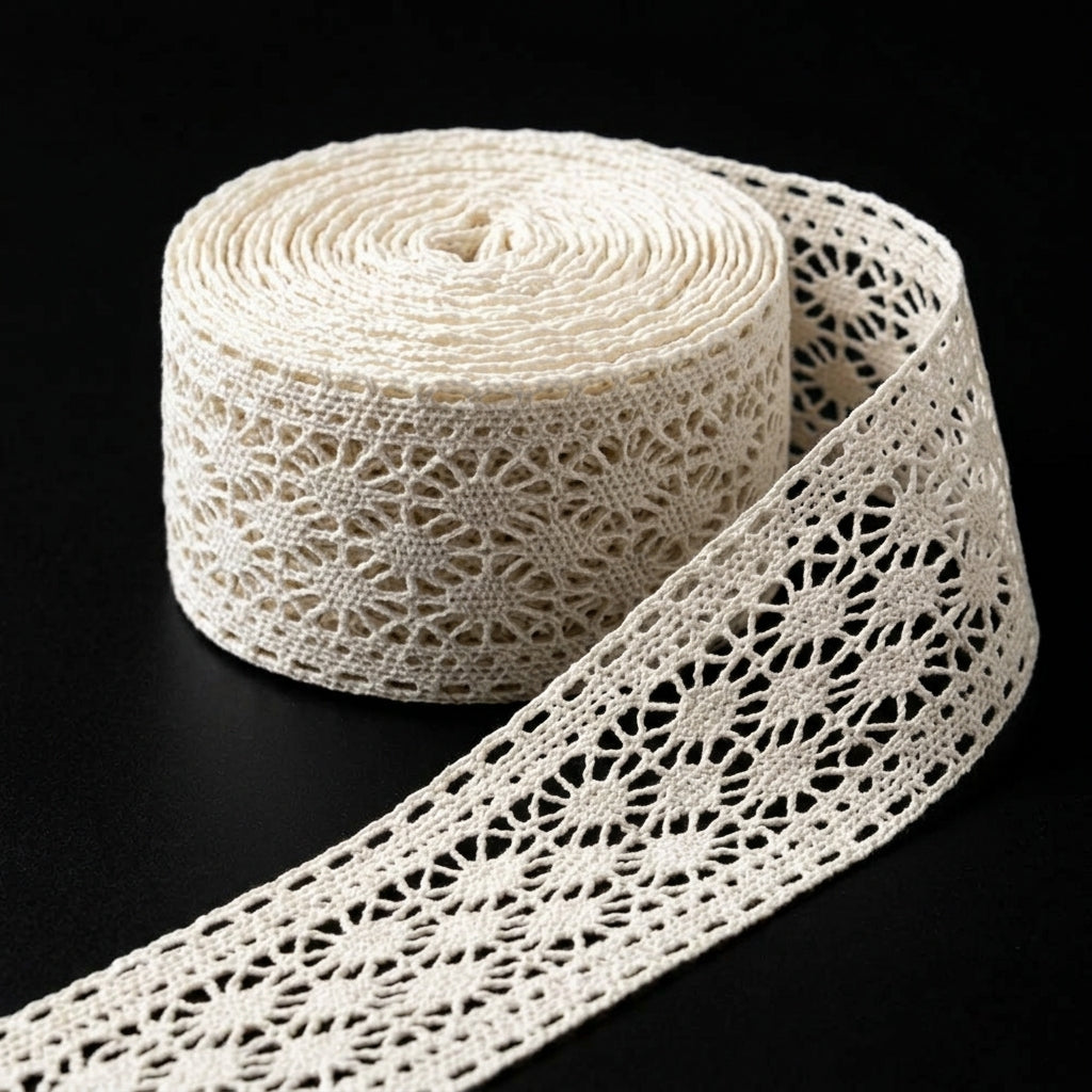 Off White Broad Polka Dot Design Cotton Crochet Lace Trim - 5 mtr