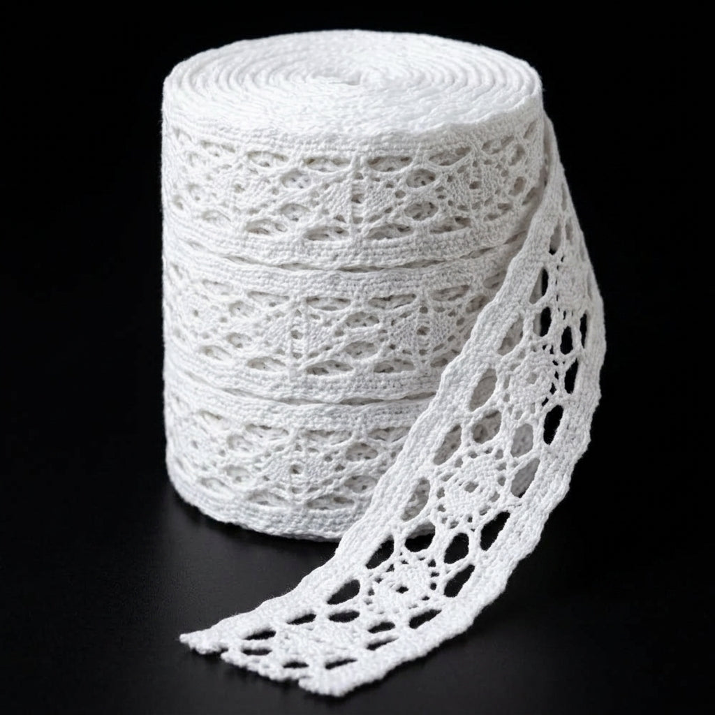 White Polyester crochet lace with eye design Trim - 5 mtr