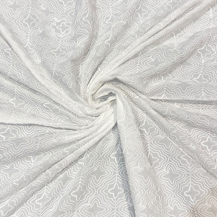 White Geometric Cord Embroidery Design Schiffli Fabric