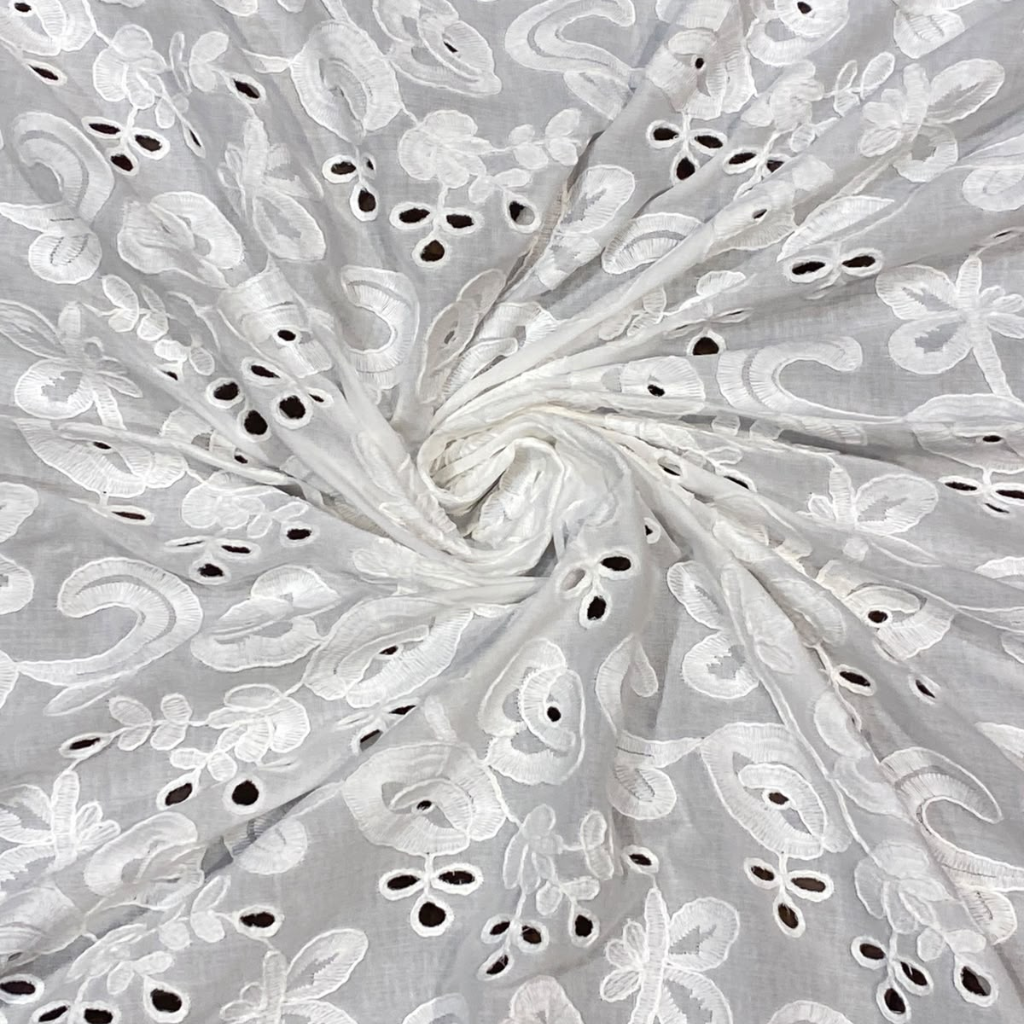 White Floral Paisley Eyelet Cord Embroidery Schiffli Fabric