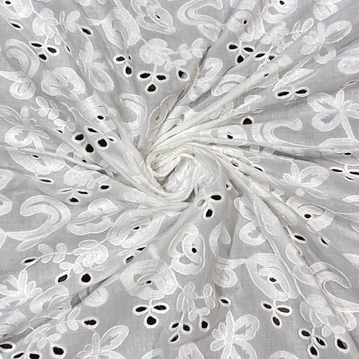 White Floral Paisley Eyelet Cord Embroidery Schiffli Fabric