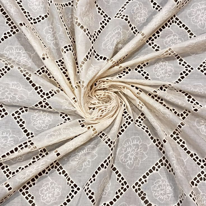 Natural Geometric Floral Schiffli Embroidery Fabric