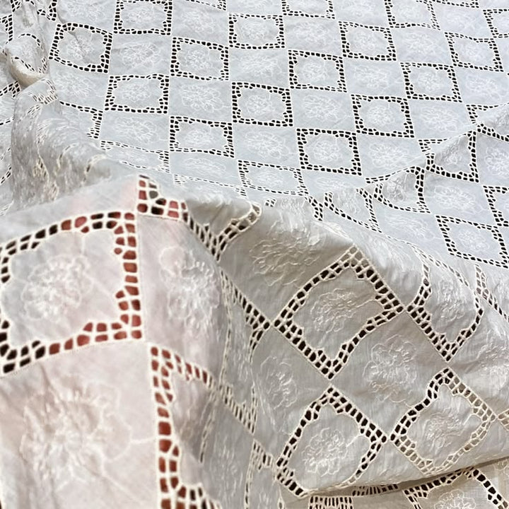 Natural Geometric Floral Schiffli Embroidery Fabric