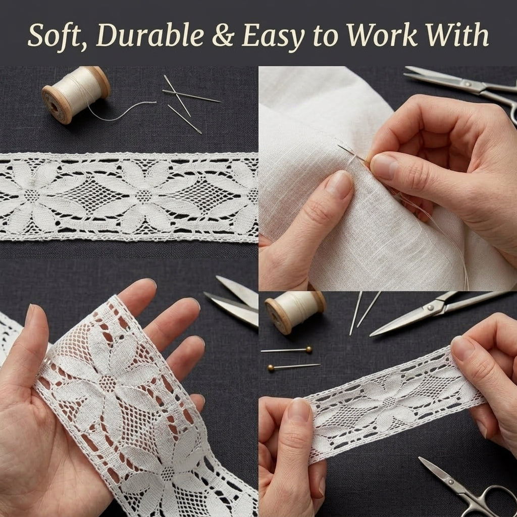 Off White Cotton Floral Design Crochet Lace Trim - 5 mtr