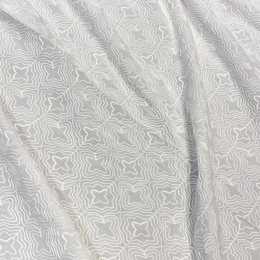 White Geometric Cord Embroidery Design Schiffli Fabric