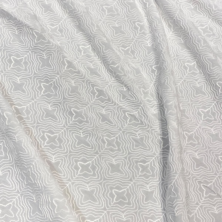 White Geometric Cord Embroidery Design Schiffli Fabric