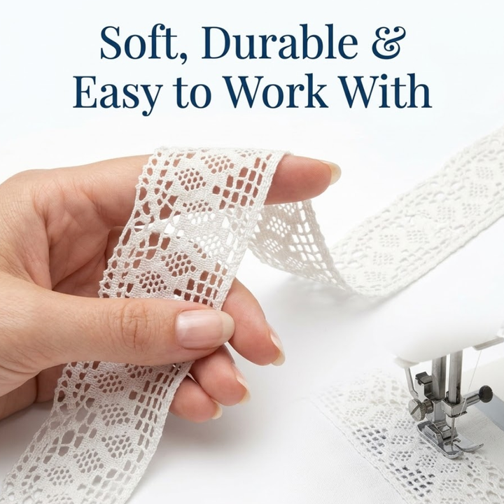 Off White Integrated Multi Pattern Cotton Crochet Lace Trim - 5 mtr