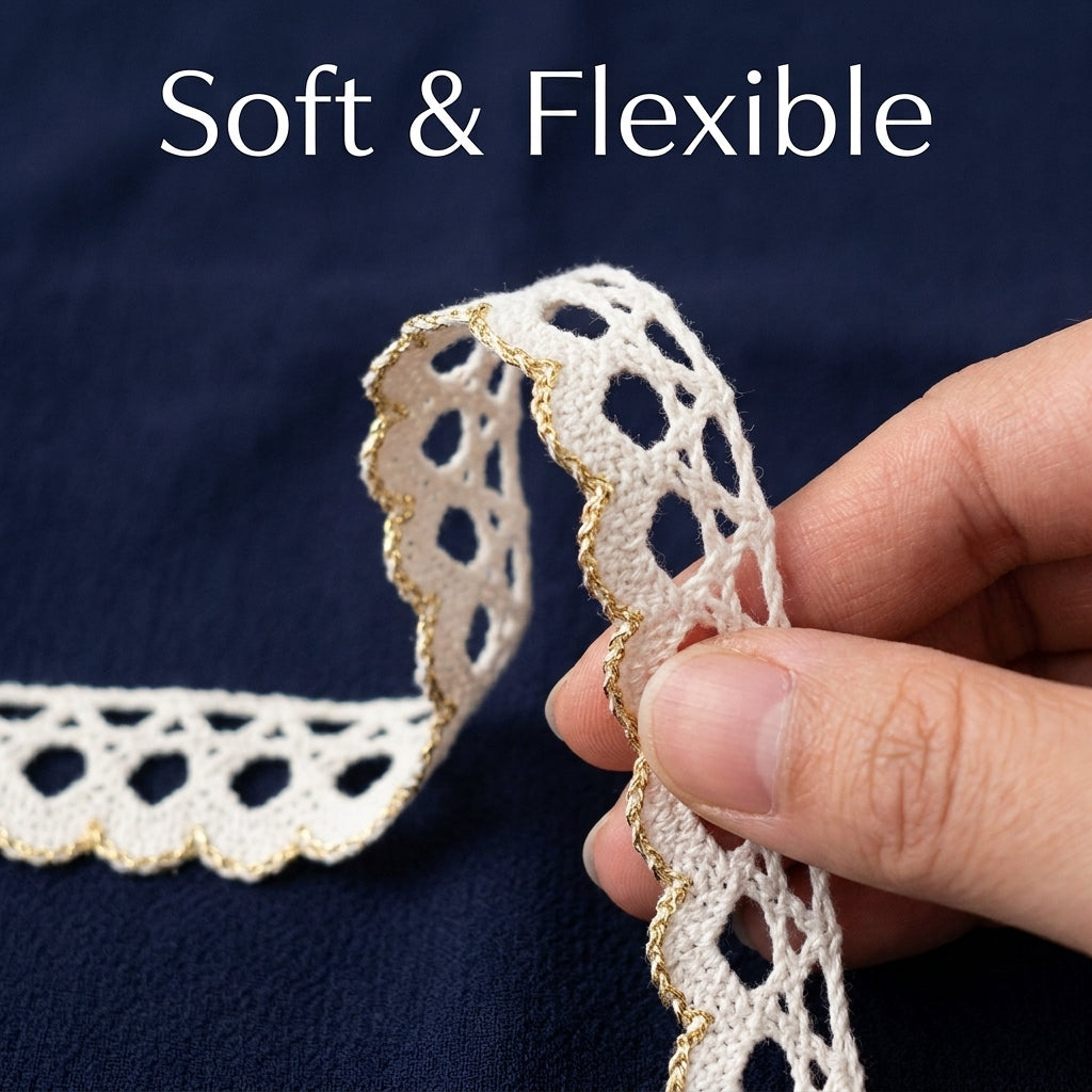 Off White and Gold Scalloped Edge Crochet Lace Trim - 5 mtr
