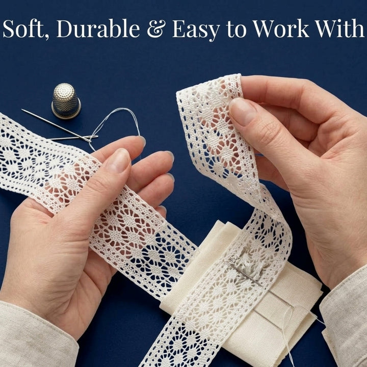Off White Broad Polka Dot Design Cotton Crochet Lace Trim - 5 mtr