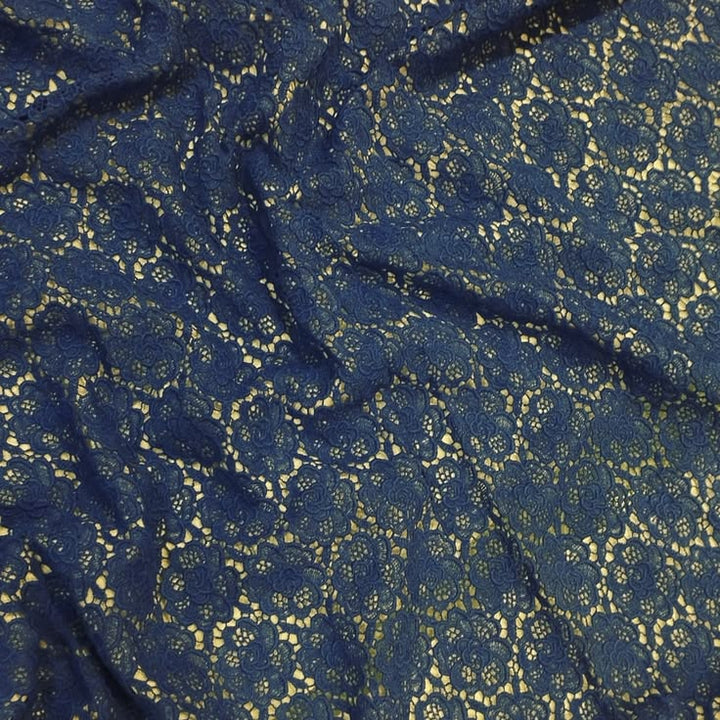 Navy Blue Rose Motif Chemical Lace Fabric