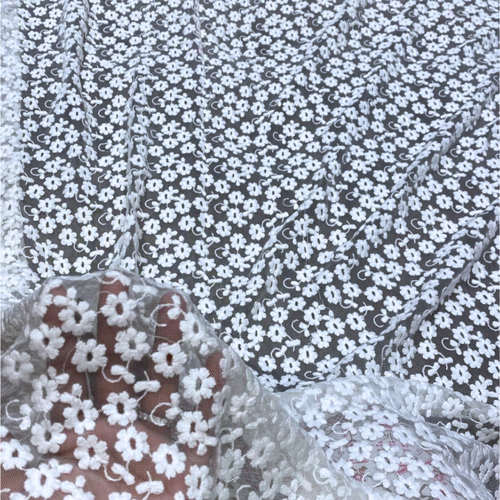 White Floral Mesh Embroidered Fabric