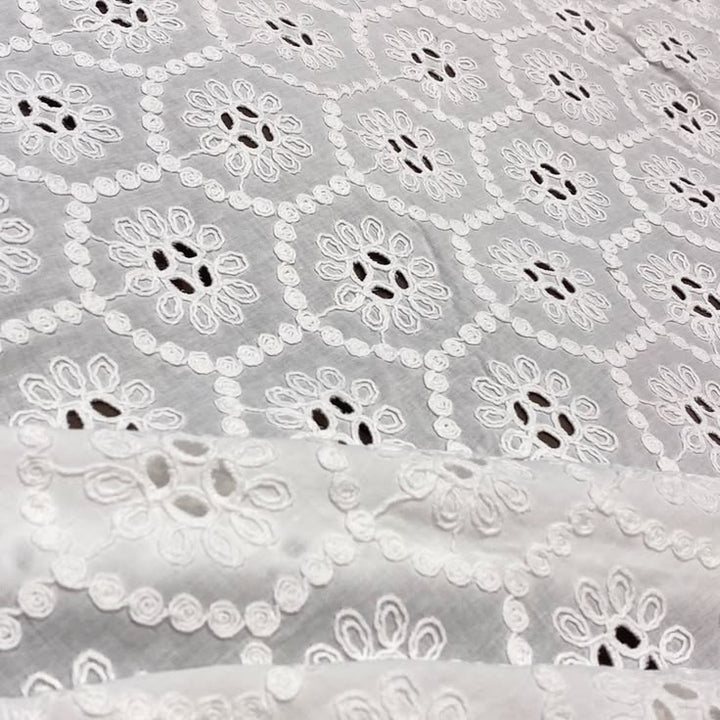 Off White Hexagonal Floral Cord Schiffli Embroidery Fabric