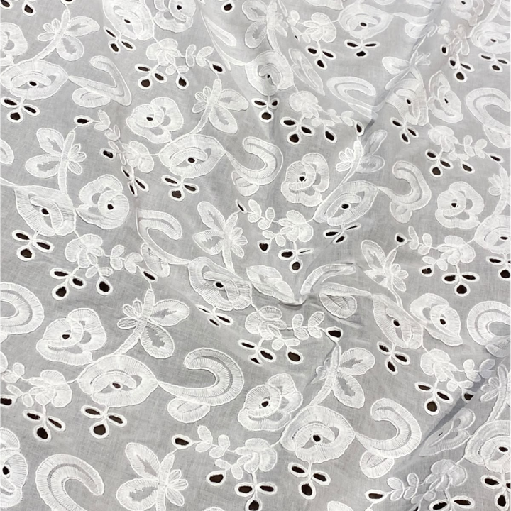 White Floral Paisley Eyelet Cord Embroidery Schiffli Fabric