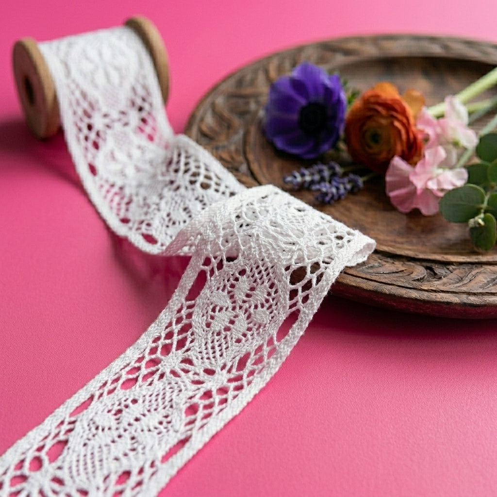 Off White Broad Dual Scallop Cotton Crochet Lace Trim - 5 mtr