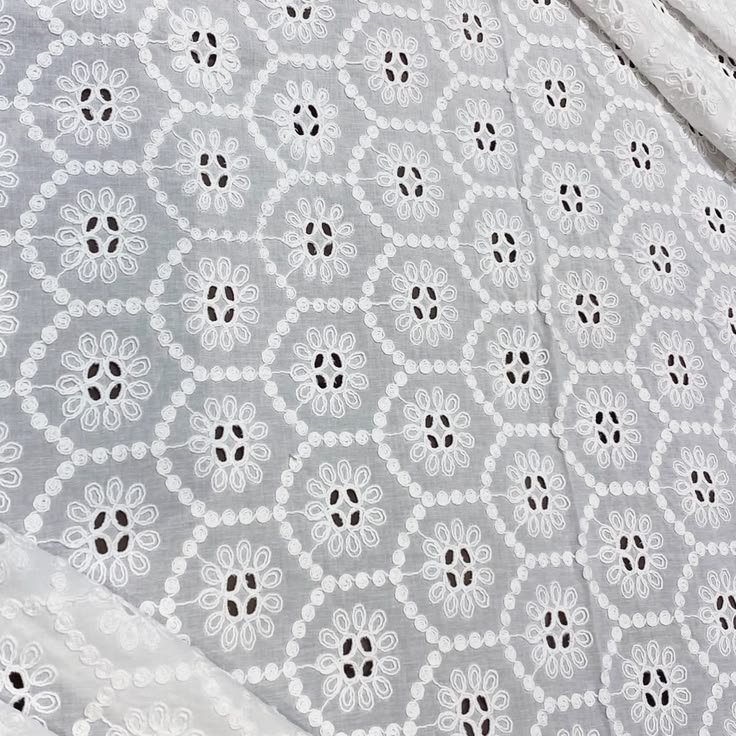Off White Hexagonal Floral Cord Schiffli Embroidery Fabric
