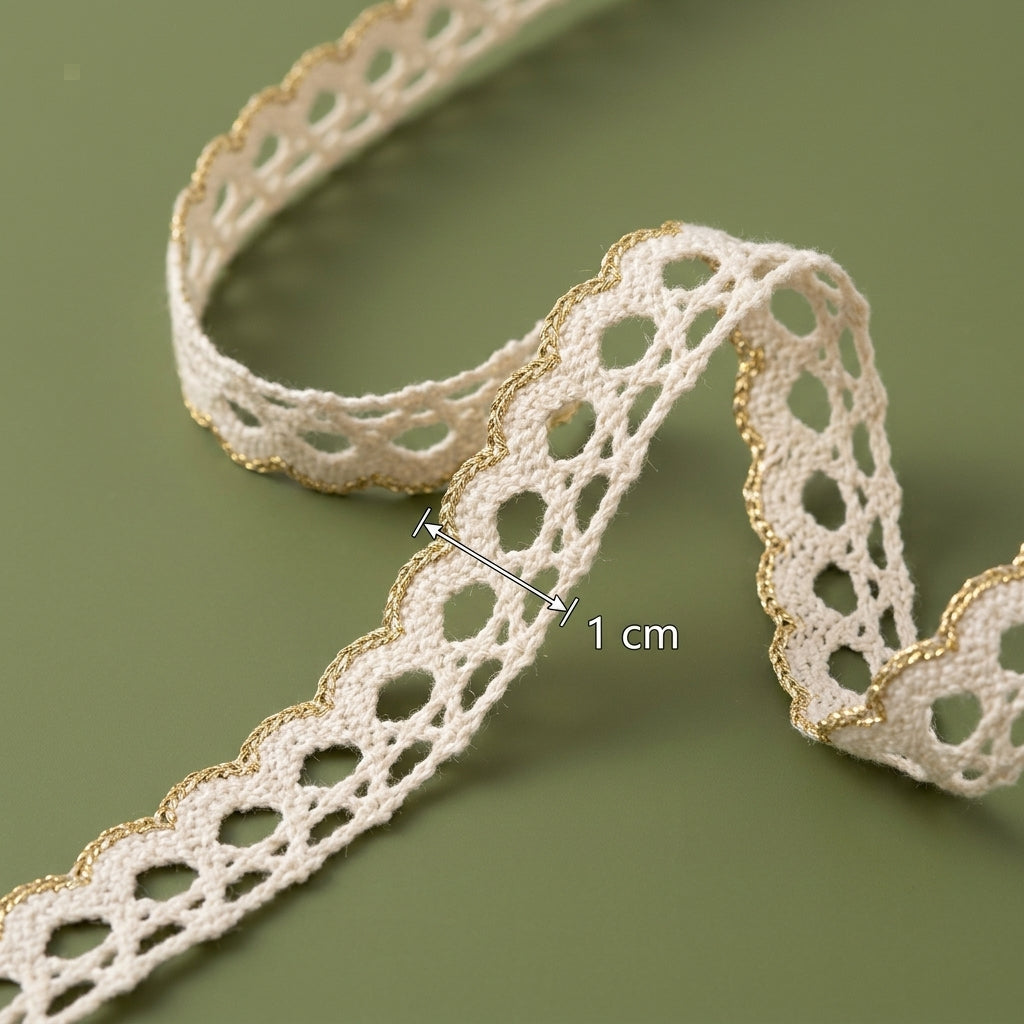 Off White and Gold Scalloped Edge Crochet Lace Trim - 5 mtr