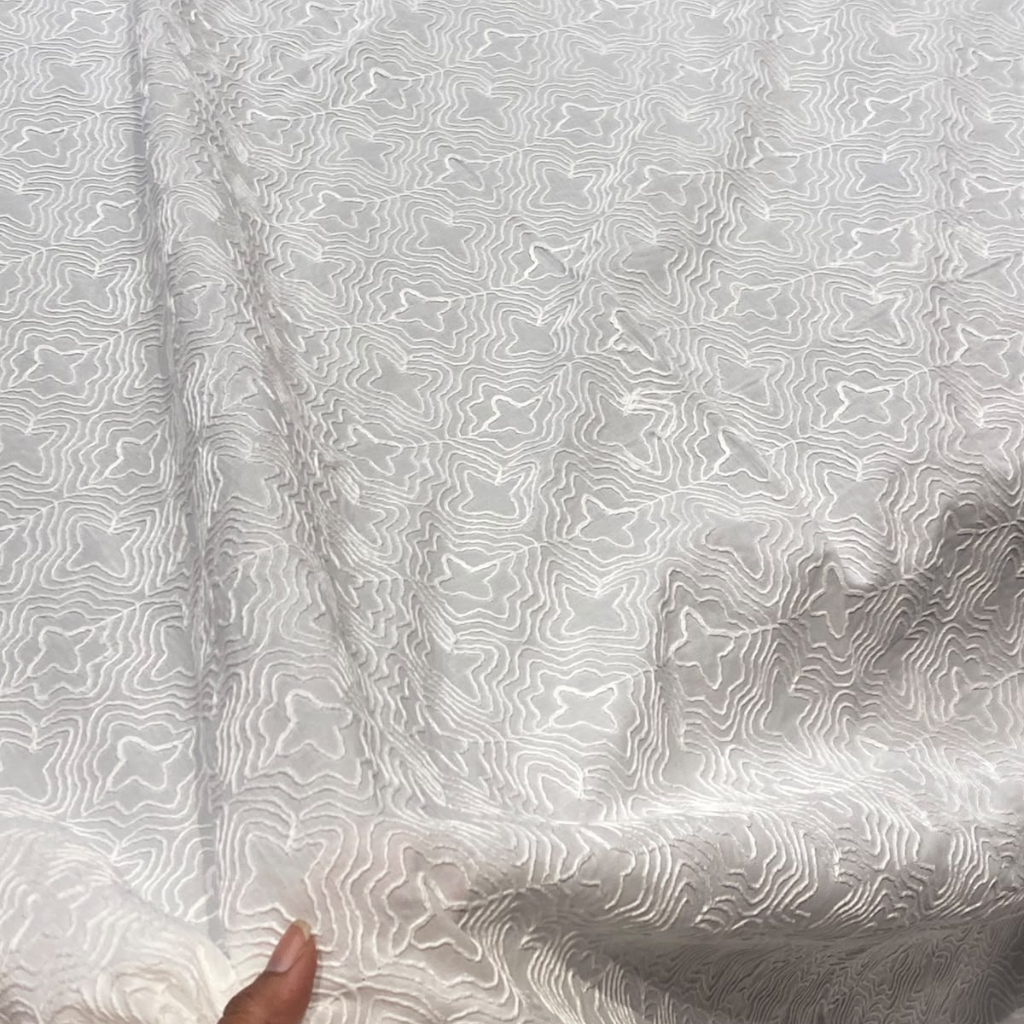 White Geometric Cord Embroidery Design Schiffli Fabric