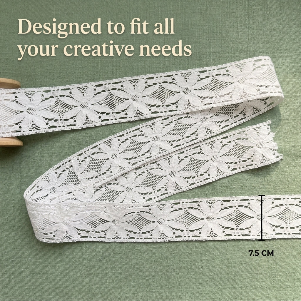 Off White Cotton Floral Design Crochet Lace Trim - 5 mtr