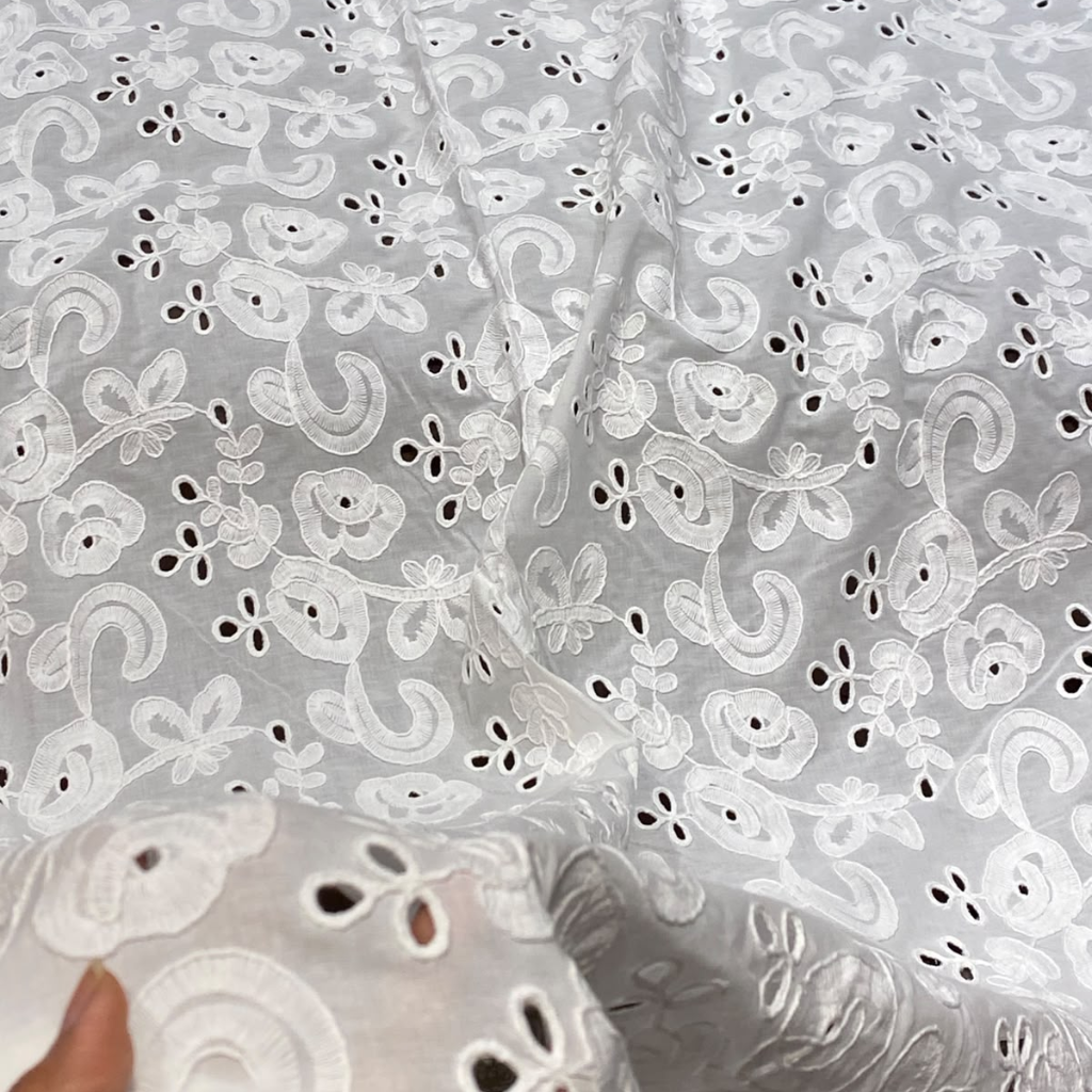 White Floral Paisley Eyelet Cord Embroidery Schiffli Fabric