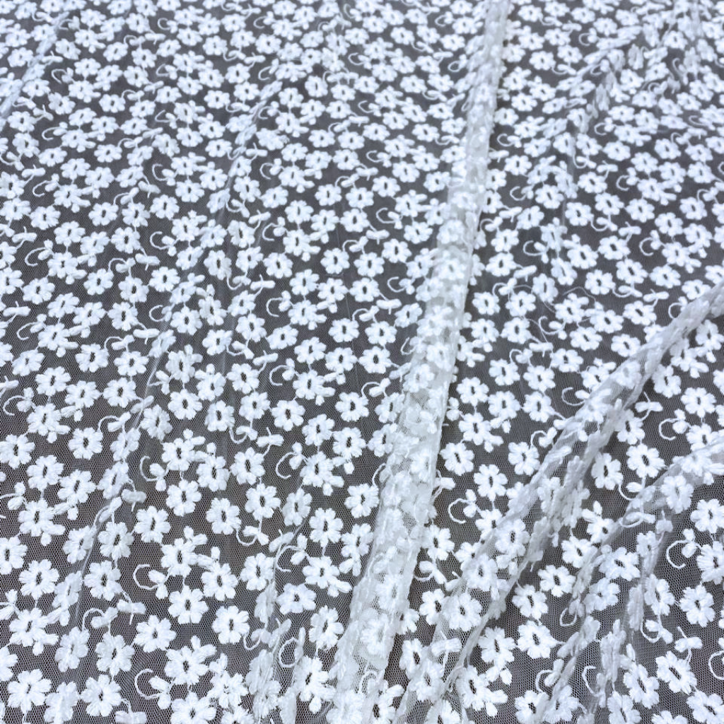 White Floral Mesh Embroidered Fabric