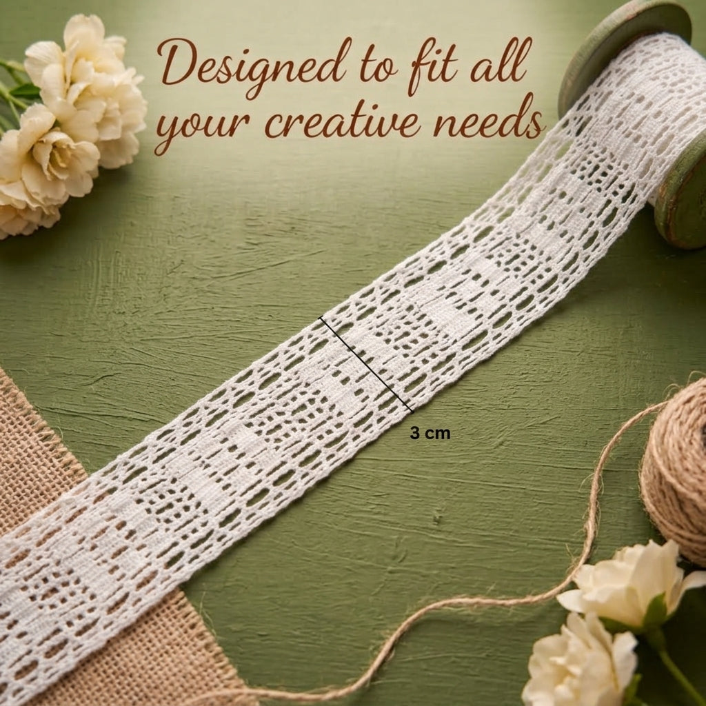 Off White Square Pattern Cotton Crochet Lace Trim - 5 mtr