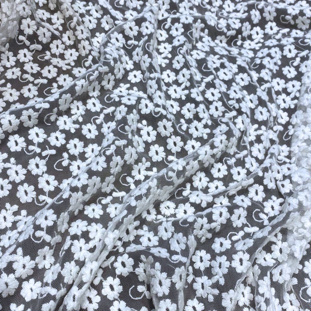 White Floral Mesh Embroidered Fabric