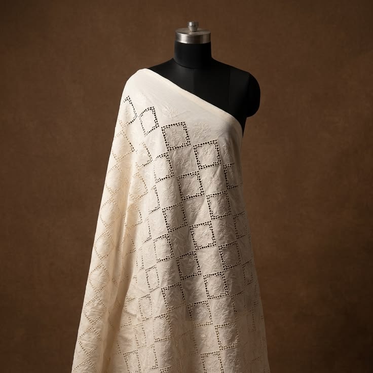 Natural Geometric Floral Schiffli Embroidery Fabric