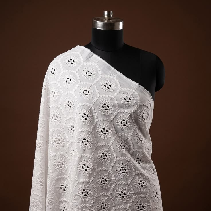 Off White Hexagonal Floral Cord Schiffli Embroidery Fabric
