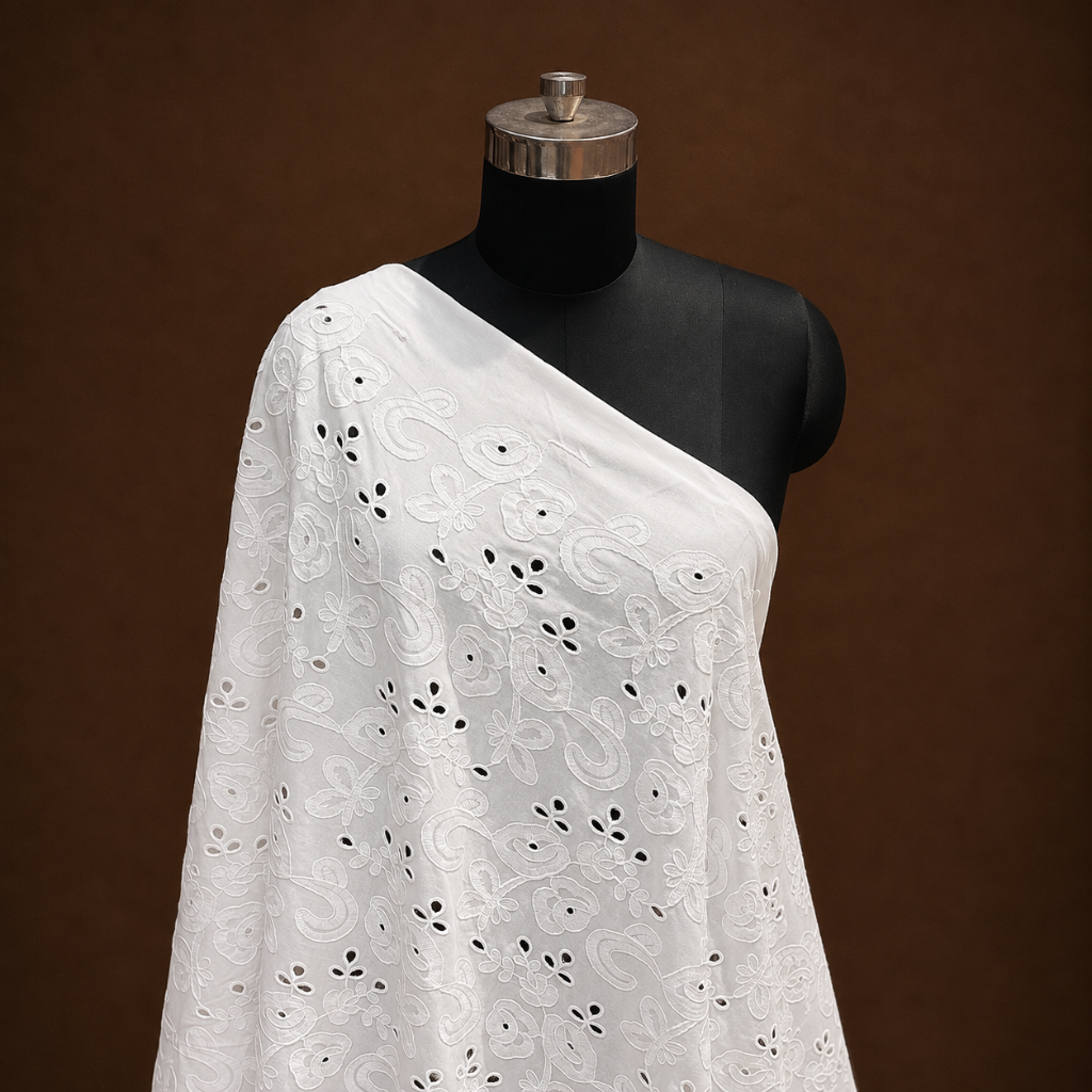 White Floral Paisley Eyelet Cord Embroidery Schiffli Fabric