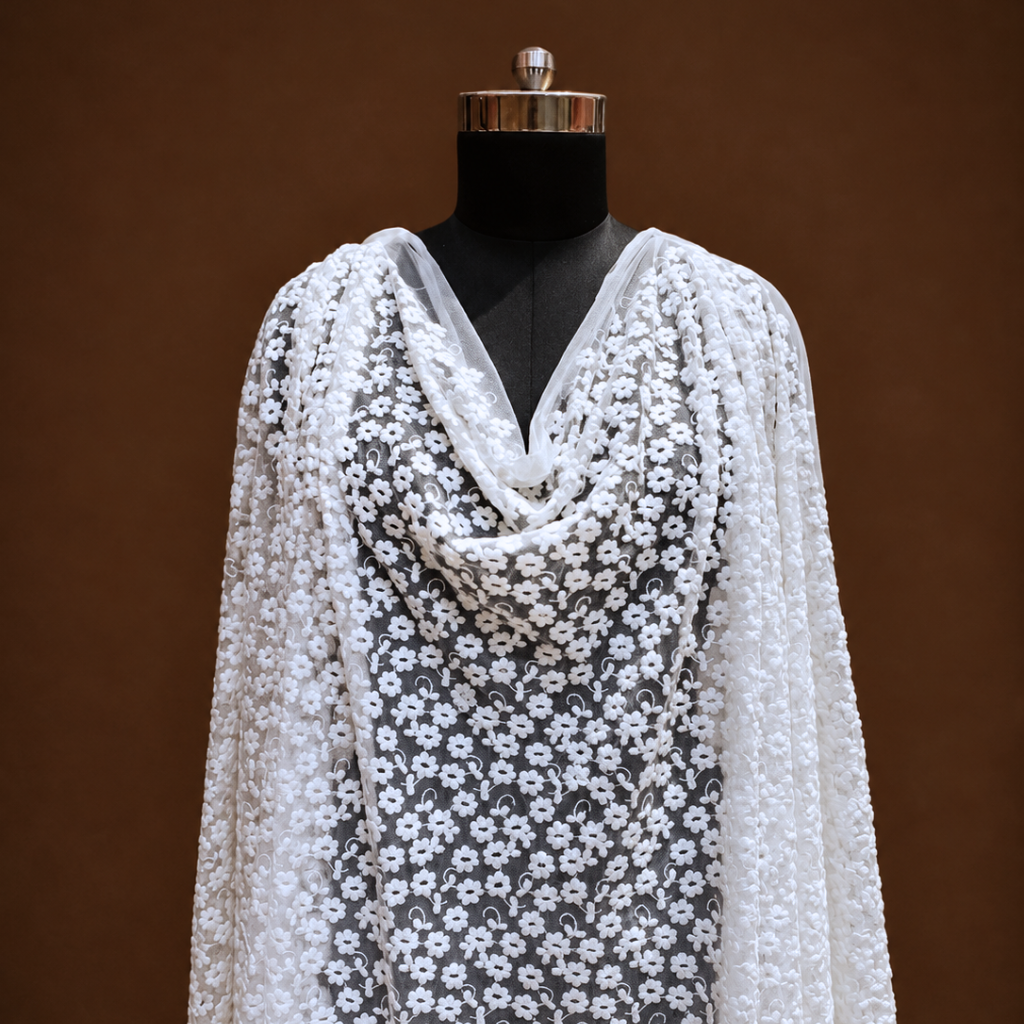 White Floral Mesh Embroidered Fabric