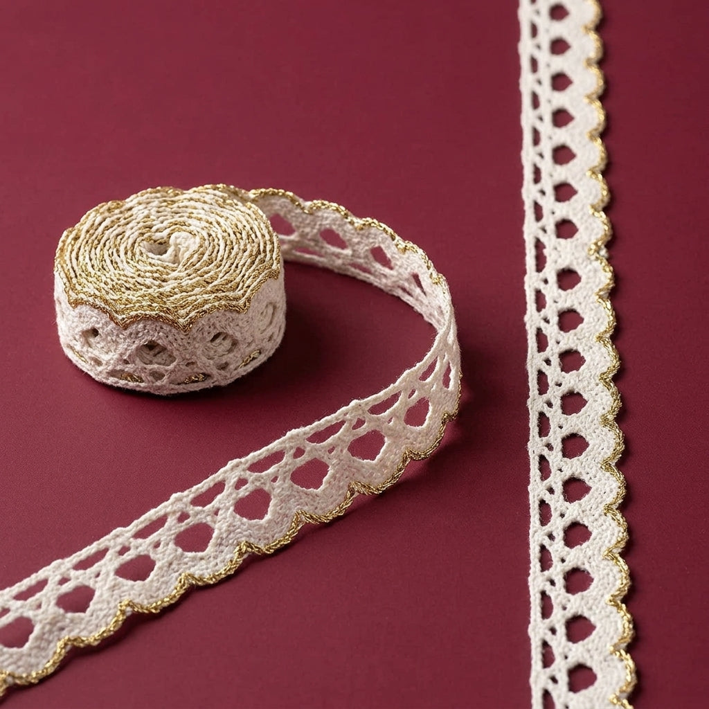 Off White and Gold Scalloped Edge Crochet Lace Trim - 5 mtr