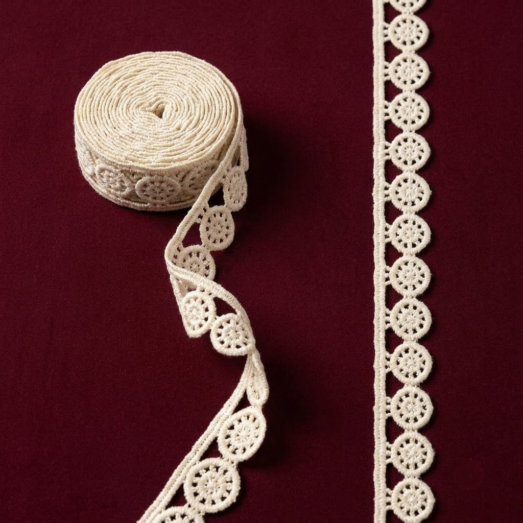 Natural Circular Floral Medallion Chemical Cotton Lace - 25mtr