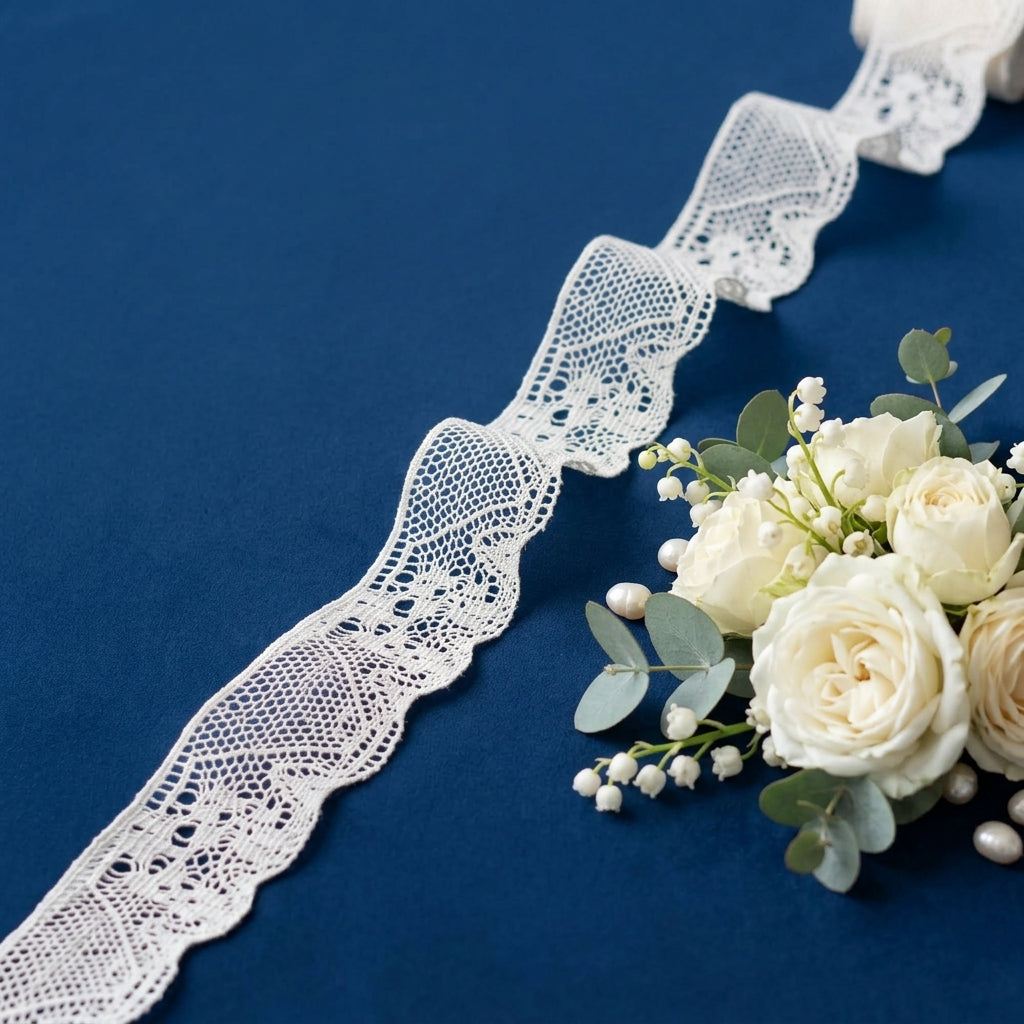 Off White Scallop Jacquard Cotton Crochet Lace Trim - 5 mtr