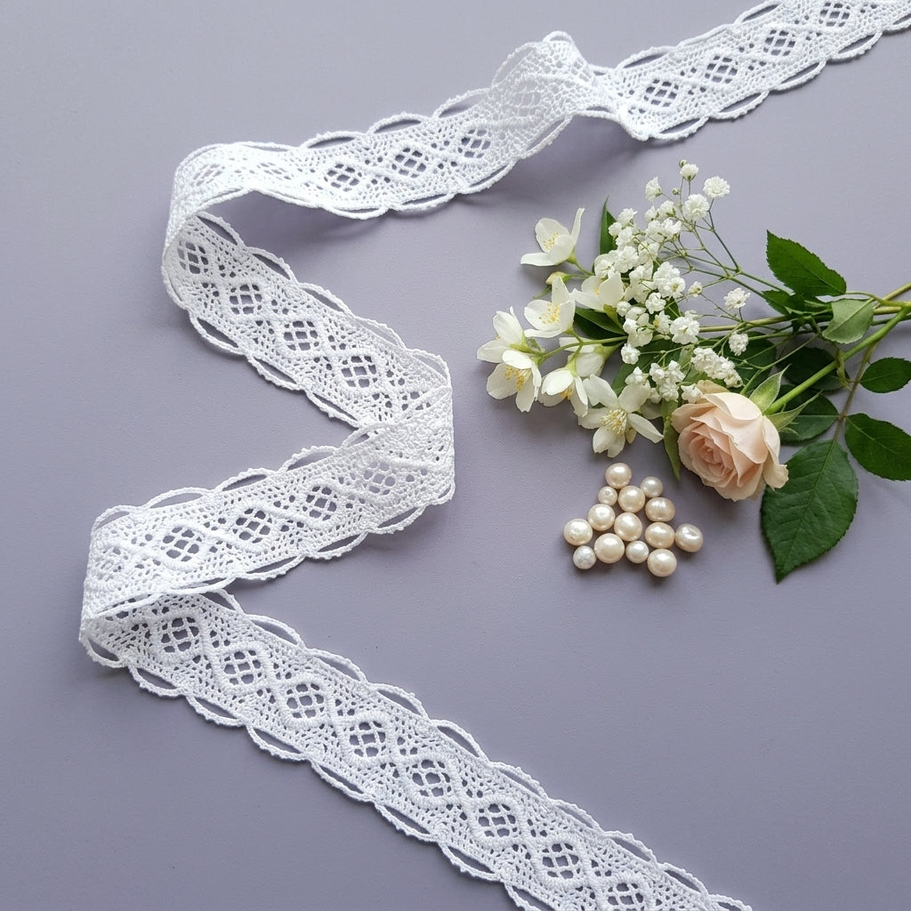Off White Diamond Design Cotton Crochet Lace Trim - 5 mtr