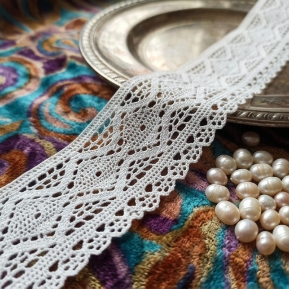 Off White Broad Diamond Design Cotton Crochet Lace Trim - 5 mtr