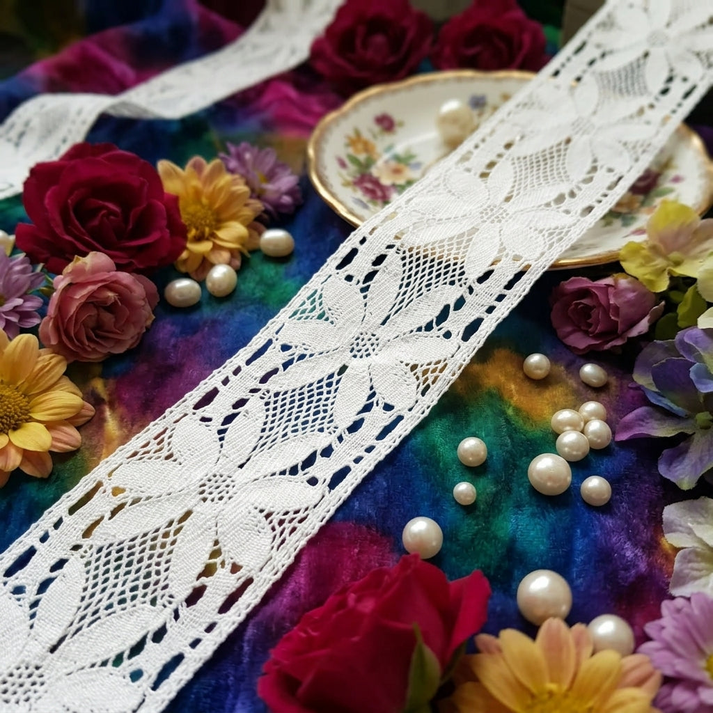 Off White Cotton Floral Design Crochet Lace Trim - 5 mtr