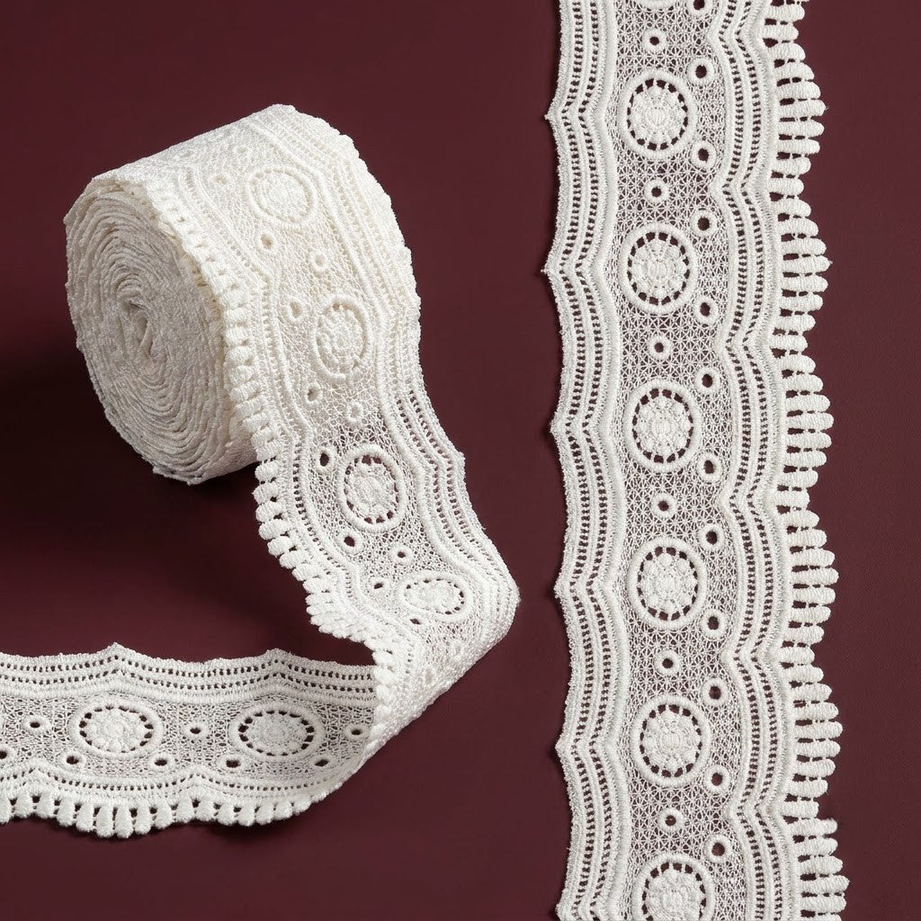 Natural Circular Pattern Chemical Cotton Lace - 5mtr