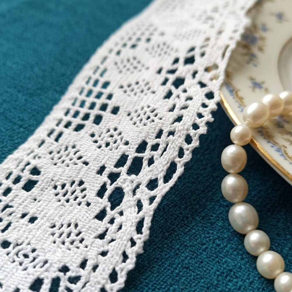 Off White Integrated Multi Pattern Cotton Crochet Lace Trim - 5 mtr
