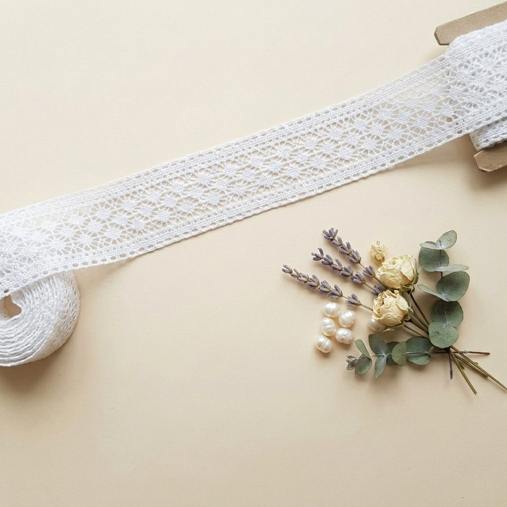 Off White Broad Polka Dot Design Cotton Crochet Lace Trim - 5 mtr