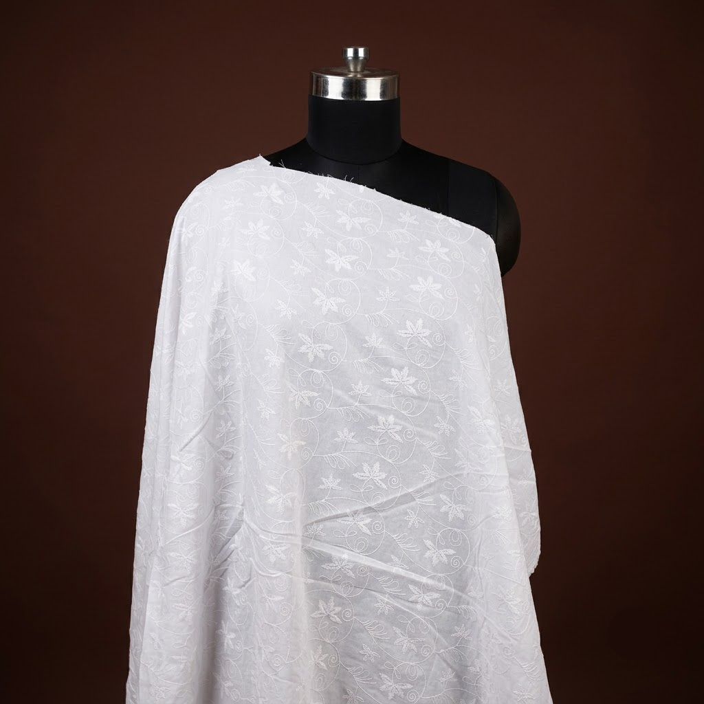 White Floral Embroidered Vine Design Schiffli fabric