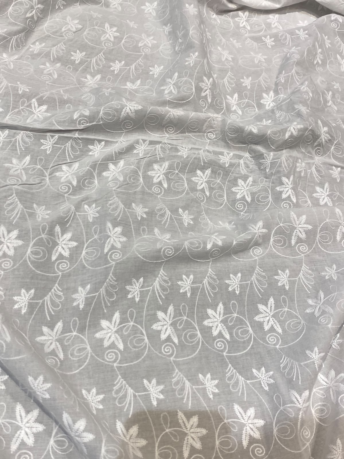 White Floral Embroidered Vine Design Schiffli fabric
