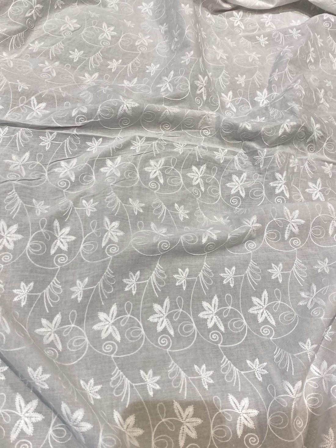 White Floral Embroidered Vine Design Schiffli fabric