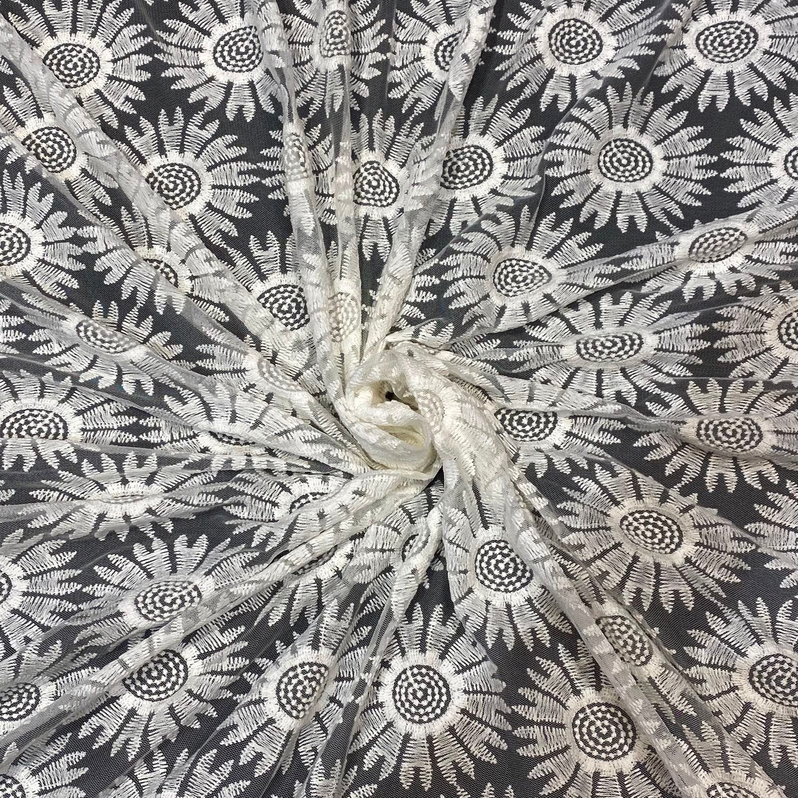 Natural Sunflower Floral Mesh Embroidery Fabric