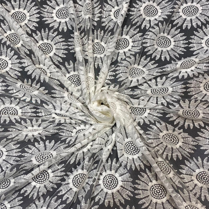 Natural Sunflower Floral Mesh Embroidery Fabric