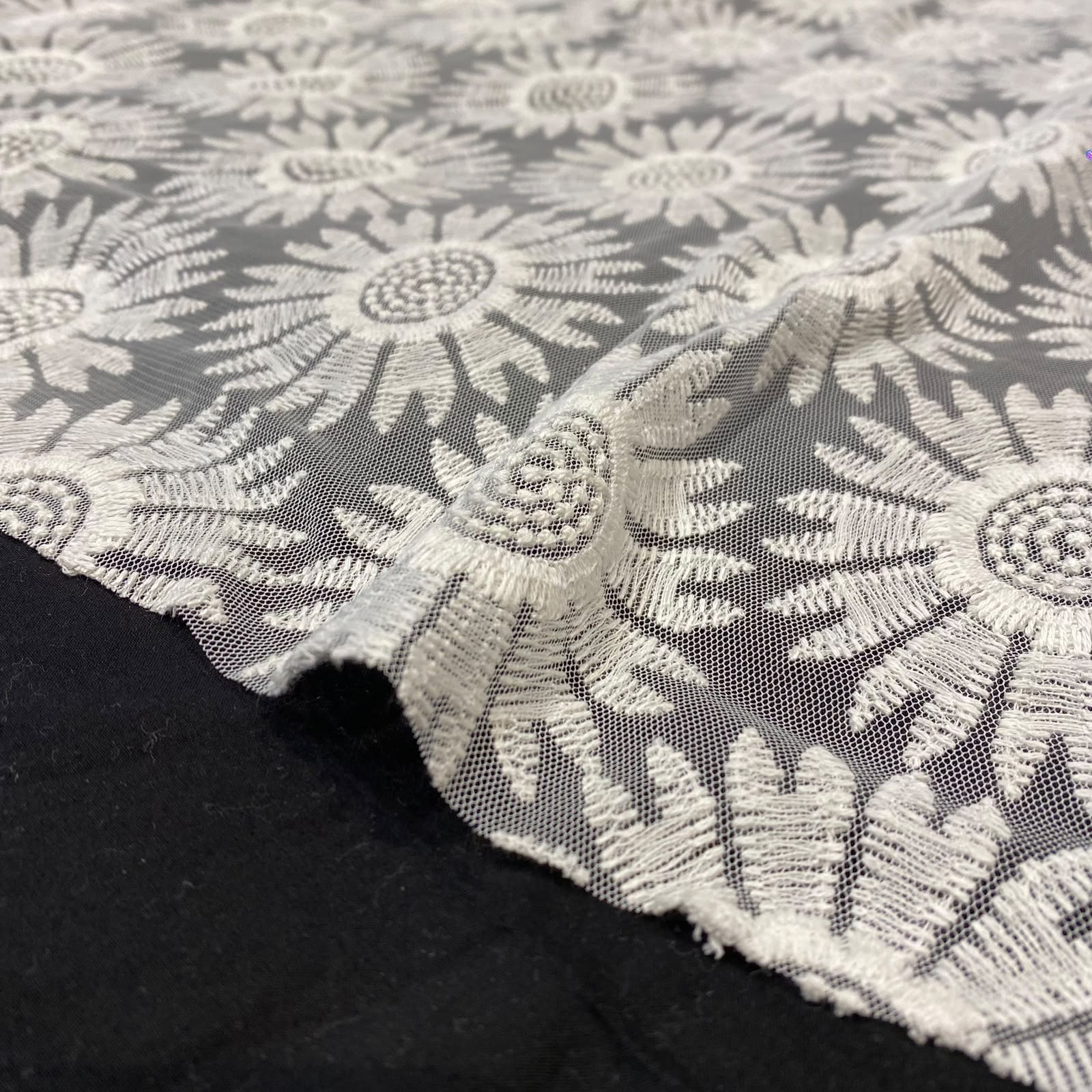 Natural Sunflower Floral Mesh Embroidery Fabric