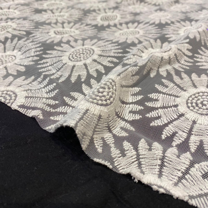 Natural Sunflower Floral Mesh Embroidery Fabric