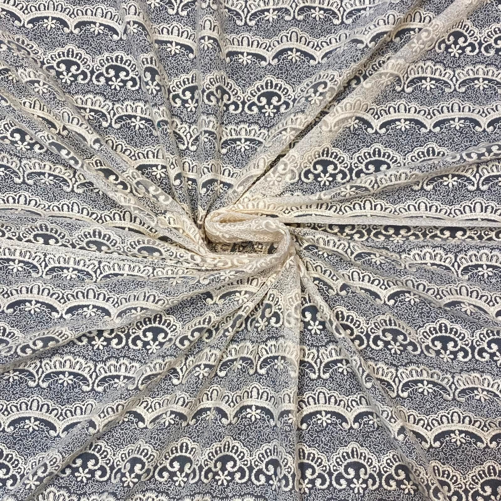 Natural Intricate Mesh Embroidery Fabric with Scalloped Edges